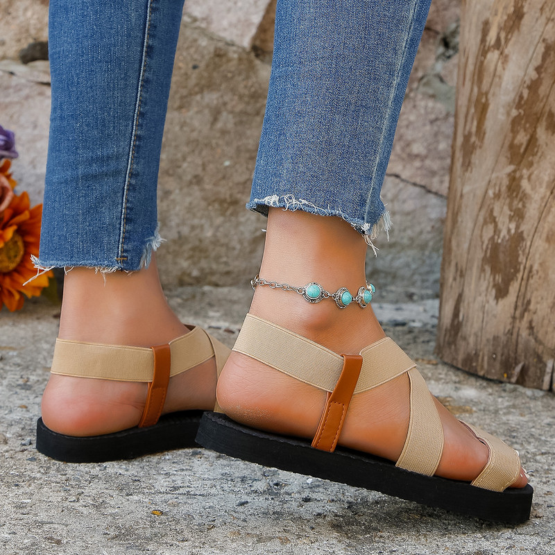 Sieviešu modes tendenču elastīgas pretslīdes nodilumizturīgas, mīkstas zoles plakanas sandales