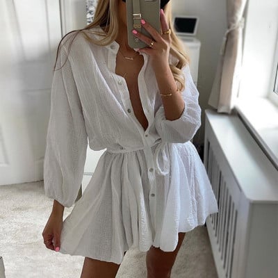 Rudens, eleganta, pogas statīva, pie kakla, mini kleita Sieviešu ikdienas kleita ar garām piedurknēm, savīti ar jostu