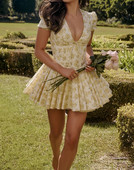 Korejiešu stila salda, dzeltena ziedu kleita ar V veida kakla izgriezumu sievietēm vasaras tīra iekāre, vidukļa A-līnijas svārki