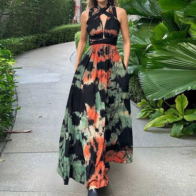 Elegantna uska duga haljina s dubokim V-remenom 2024., ljetna haljina visokog struka s tie dye printom, vintage boemske ženske haljine bez rukava