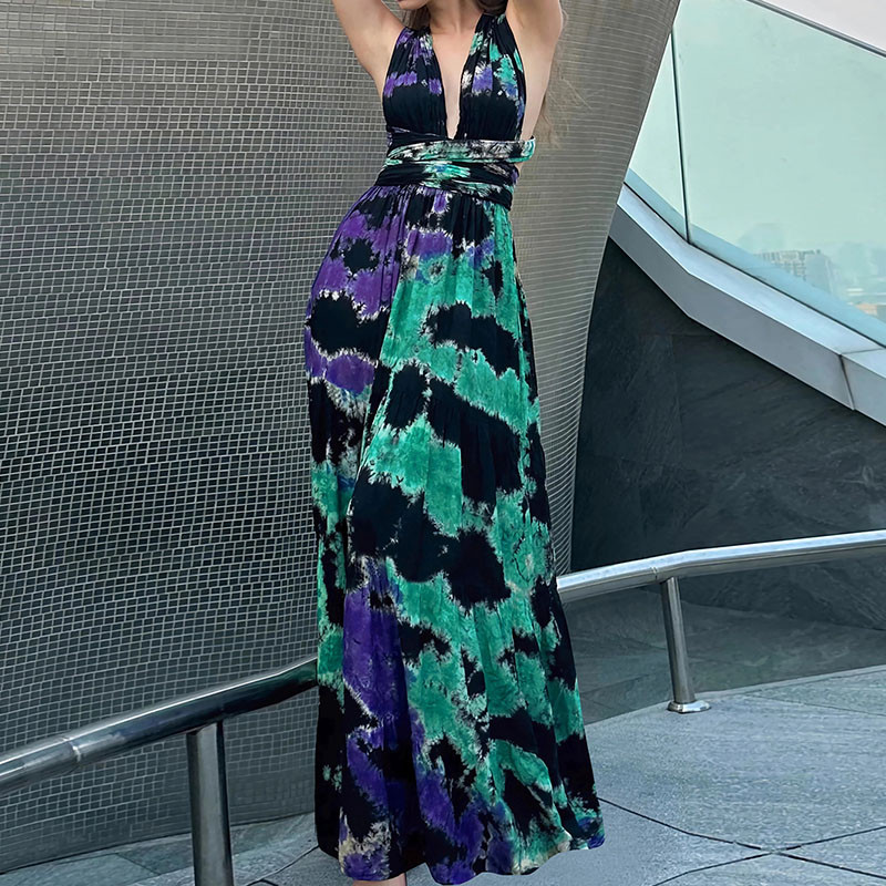 Elegantna uska duga haljina s dubokim V-remenom 2024., ljetna haljina visokog struka s tie dye printom, vintage boemske ženske haljine bez rukava