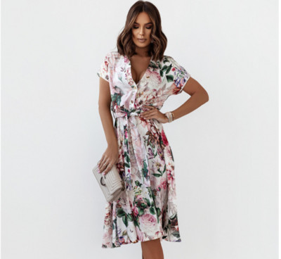 Ženska haljina, ljeto 2022., nove seksi cvjetne haljine s v-izrezom, kratkim rukavima, tankim strukom, ležernim haljinama na rasprodaji JQMY1128