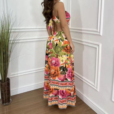 Rochie bohe fără mâneci, elegantă, cu decolteu în V adânc, rochie lungă, sexy, scobită, cu șnur, rochie de petrecere cu model de modă.