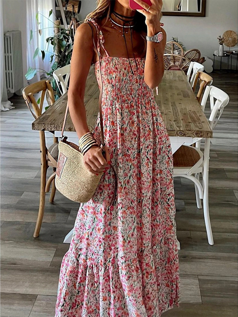Ženska europska i američka haljina u boemskom stilu Ženska dugačka haljina s cvjetnim uzorkom na naramenicu s velikim rubom