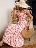 Modna ležerna tkana duga haljina s velikim otiskom cvijeća i ušima s V-izrezom i strukom