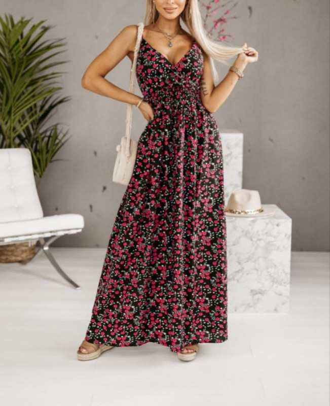 Sieviešu moderna, neformāla apdruka ar brīvi piegulošu V veida kakla izgriezumu Spag hetti strap bezpiedurknēm gara kleita