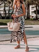 V-nyakú mintás elegáns maxi ruha, 2024 női nyári ujjatlan nappali ruha, Patchwork laza vintage női ruha utcai ruha