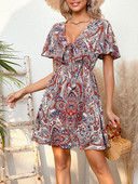 Sieviešu modes ikdienišķa, atvieglināta vidukļa kleita ar V veida kakla izgriezumu, austa mežģīņu vidēja garuma vintage svētku kleita