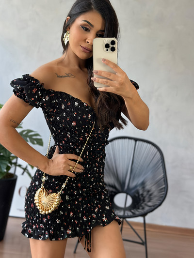 2024 nyár új vékony mini virágos női ruha Szexi V-nyakú, hát nélküli fodros vállruhák Női divatos ingázási ruházat