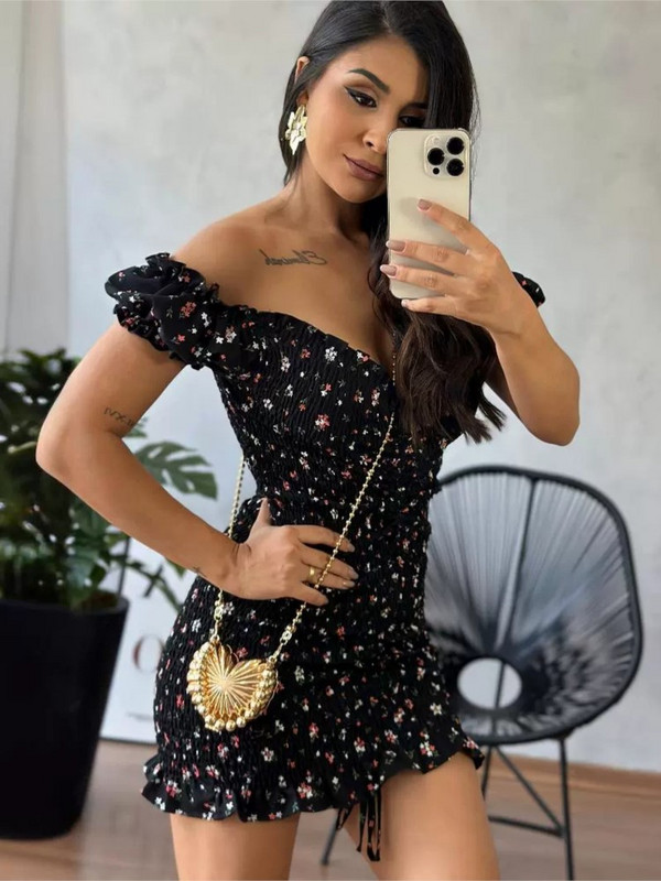 2024 nyár új vékony mini virágos női ruha Szexi V-nyakú, hát nélküli fodros vállruhák Női divatos ingázási ruházat