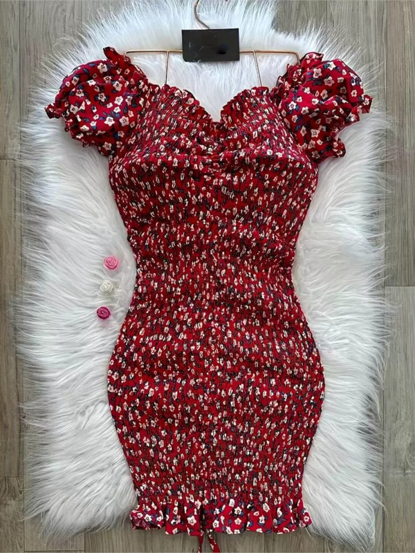 2024 nyár új vékony mini virágos női ruha Szexi V-nyakú, hát nélküli fodros vállruhák Női divatos ingázási ruházat