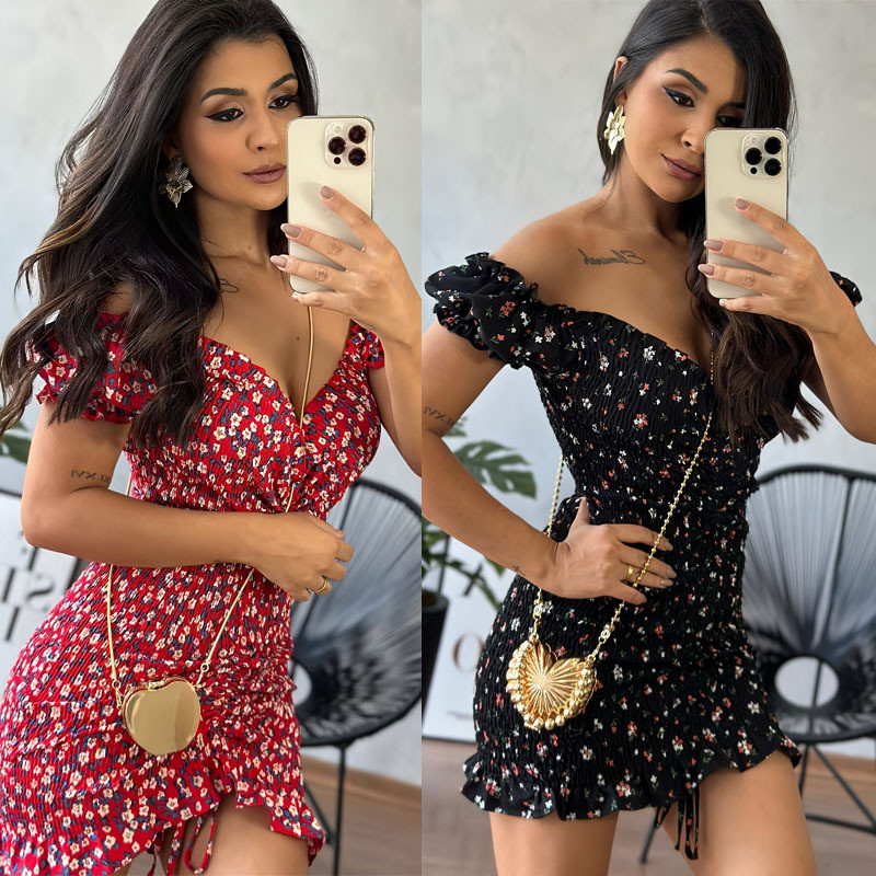 2024 nyár új vékony mini virágos női ruha Szexi V-nyakú, hát nélküli fodros vállruhák Női divatos ingázási ruházat