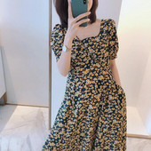 Nyári újdonság divatos ruha Elegáns női virágmintás, négyzet alakú galléros rövid ujjú hosszú ruhák alkalmi parti ruha