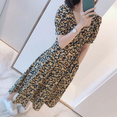 Nyári újdonság divatos ruha Elegáns női virágmintás, négyzet alakú galléros rövid ujjú hosszú ruhák alkalmi parti ruha