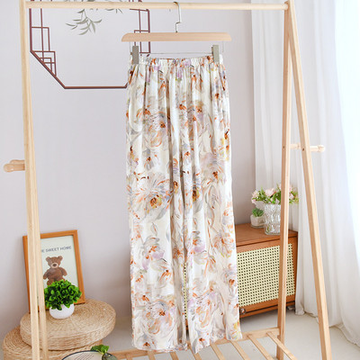 2024. gada vasara Jaunas sieviešu guļambikses Viskozas šķiedras Gongsatīna Plānas platas Bikses ar apdruku ar vaļīgu muti Mājas Bikses Sieviešu jaukas