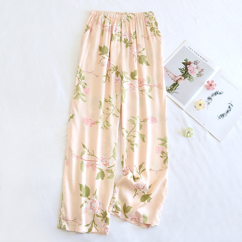 2024. gada vasara Jaunas sieviešu guļambikses Viskozas šķiedras Gongsatīna Plānas platas Bikses ar apdruku ar vaļīgu muti Mājas Bikses Sieviešu jaukas