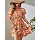 Kleita ar ziedu apdruku bez aizmugures volāniem, brīvdienu stila kleita ar pūšām piedurknēm kvadrātveida kaklam pavasarim un vasarai, sieviešu apģērbs