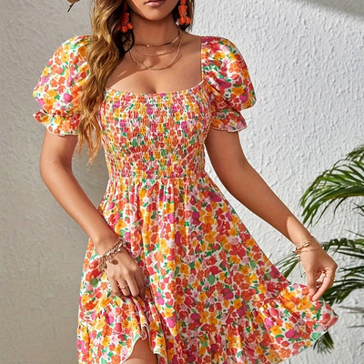 Kleita ar ziedu apdruku bez aizmugures volāniem, brīvdienu stila kleita ar pūšām piedurknēm kvadrātveida kaklam pavasarim un vasarai, sieviešu apģērbs