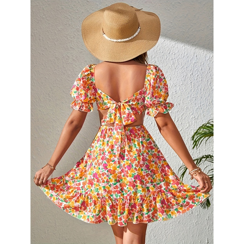 Kleita ar ziedu apdruku bez aizmugures volāniem, brīvdienu stila kleita ar pūšām piedurknēm kvadrātveida kaklam pavasarim un vasarai, sieviešu apģērbs