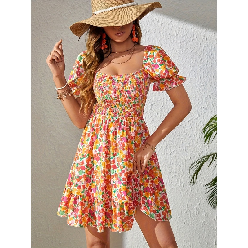 Kleita ar ziedu apdruku bez aizmugures volāniem, brīvdienu stila kleita ar pūšām piedurknēm kvadrātveida kaklam pavasarim un vasarai, sieviešu apģērbs