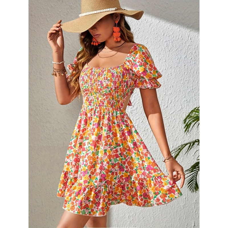 Kleita ar ziedu apdruku bez aizmugures volāniem, brīvdienu stila kleita ar pūšām piedurknēm kvadrātveida kaklam pavasarim un vasarai, sieviešu apģērbs