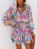 Nyakkendővel festett női ruha, rövid, V-nyakú, alap, nyomott A-vonalú ruha, alkalmi, fűzős, utcai napöltözet, divatos bohém női ruházat