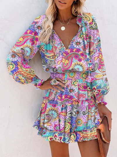 Nyakkendővel festett női ruha, rövid, V-nyakú, alap, nyomott A-vonalú ruha, alkalmi, fűzős, utcai napöltözet, divatos bohém női ruházat