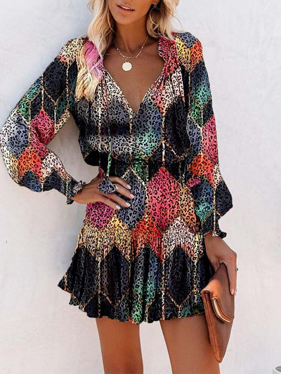 Nyakkendővel festett női ruha, rövid, V-nyakú, alap, nyomott A-vonalú ruha, alkalmi, fűzős, utcai napöltözet, divatos bohém női ruházat