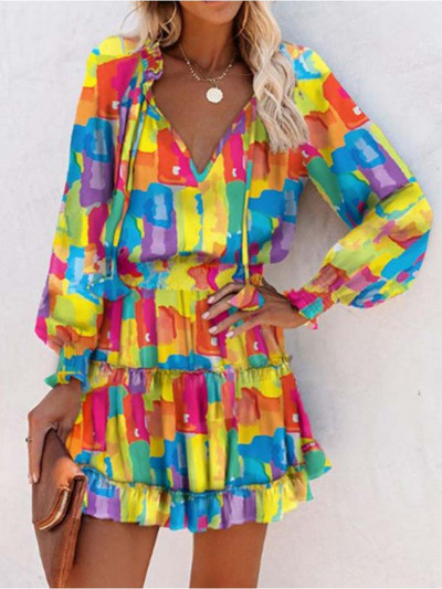 Nyakkendővel festett női ruha, rövid, V-nyakú, alap, nyomott A-vonalú ruha, alkalmi, fűzős, utcai napöltözet, divatos bohém női ruházat