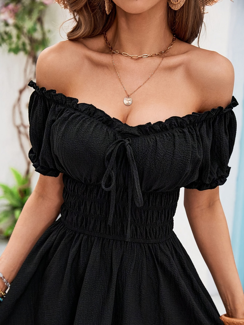 Vállon kívül fodros, magas derekú nyári strandruha nőknek