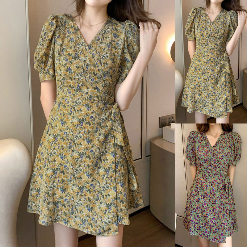 Sieviešu apdrukāta Bohēmijas sauleskleita 2024. gada jauna vasaras ikdienas kleita ar V kakla izgriezumu ar īsām piedurknēm, šķiet, plānas Frenulum pludmales šūpošanās kleitas