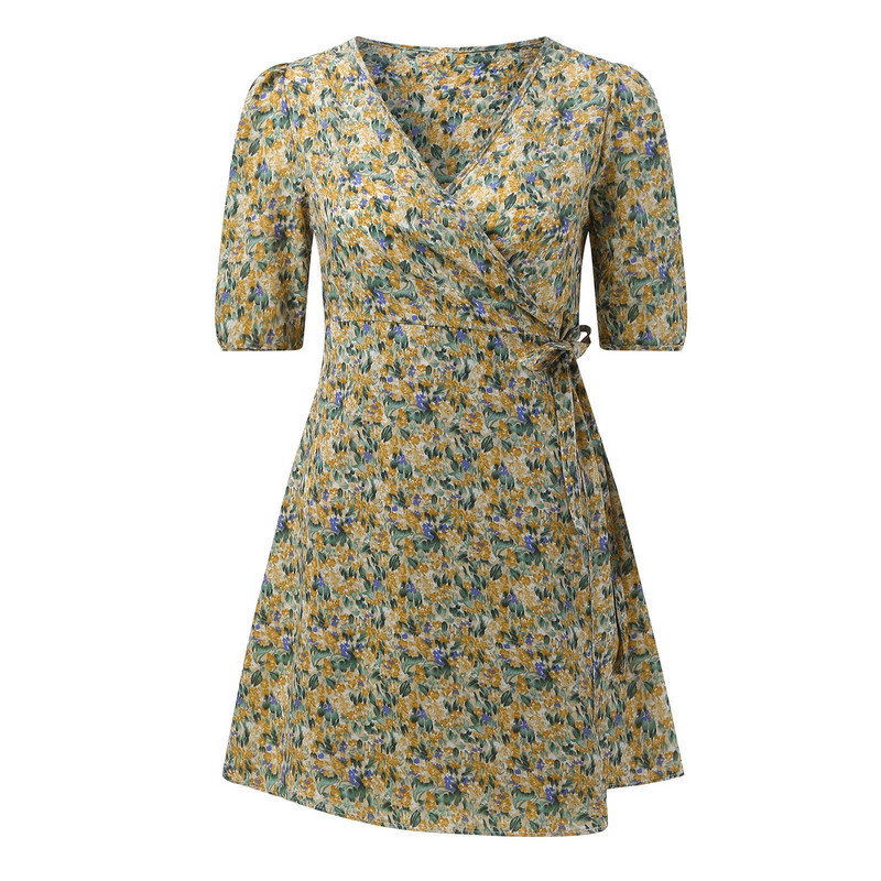 Sieviešu apdrukāta Bohēmijas sauleskleita 2024. gada jauna vasaras ikdienas kleita ar V kakla izgriezumu ar īsām piedurknēm, šķiet, plānas Frenulum pludmales šūpošanās kleitas