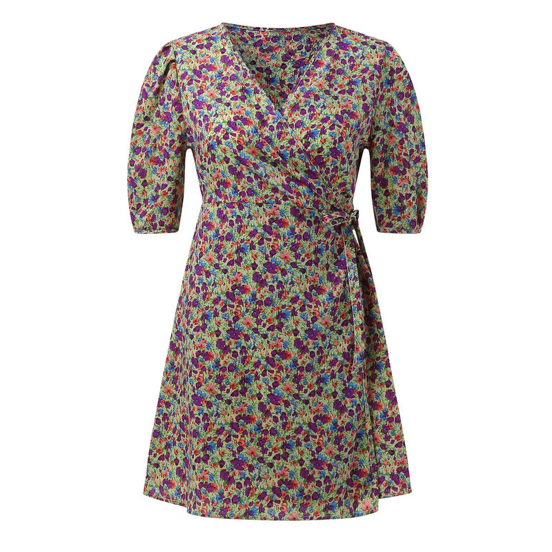 Sieviešu apdrukāta Bohēmijas sauleskleita 2024. gada jauna vasaras ikdienas kleita ar V kakla izgriezumu ar īsām piedurknēm, šķiet, plānas Frenulum pludmales šūpošanās kleitas