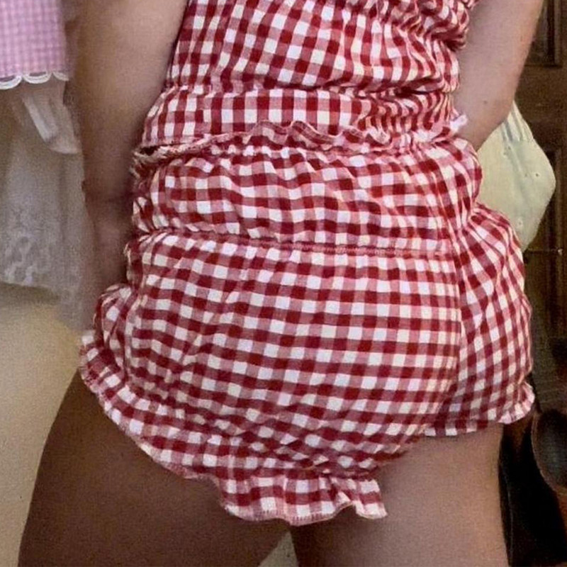 2024. gada vasaras sieviešu rūtaini šorti, volāni, raibās biksītes, atpūtas apģērbs, naktsveļa, pidžamas apakšpuses Saldi meitenes Kawaii šorti