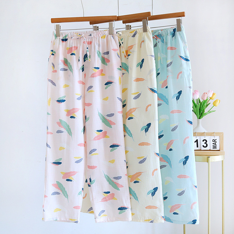 Női pizsamanadrág Nyári tiszta pamut otthoni nadrágok légáteresztő társalgó viselet bő, nyomott aljzattal, rugalmas derék Pj nadrág