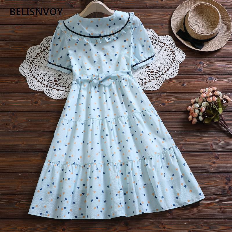 Vasaras meiteņu šifona kleita koledžas kleita sievietēm ar augstu vidukli ar īsām piedurknēm ar sirds apdruku kleita Peter Pan apkakle Kawaii Sweet Vestidos