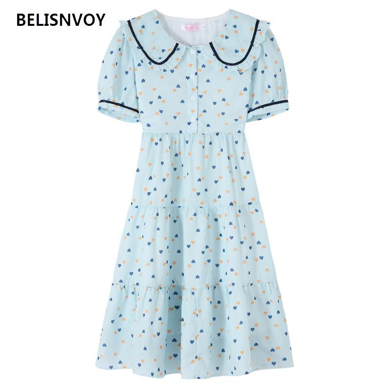 Vasaras meiteņu šifona kleita koledžas kleita sievietēm ar augstu vidukli ar īsām piedurknēm ar sirds apdruku kleita Peter Pan apkakle Kawaii Sweet Vestidos