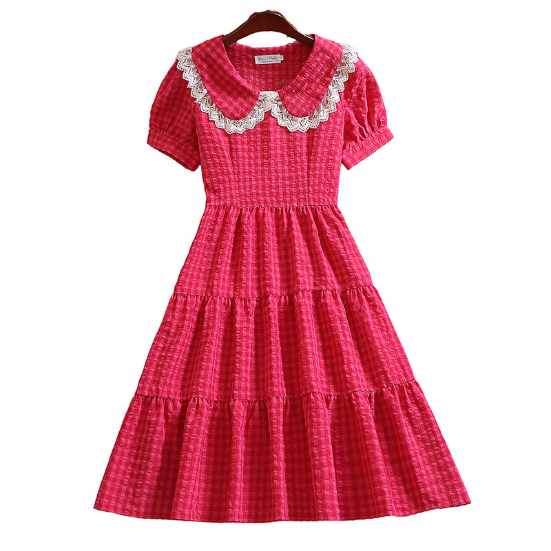 Mori lány kockás vestidos Új nyári divatos rövid ujjú női piros ruha