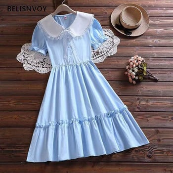 Рокля Дамска дантела с яка Питър Пан Preppy Style Puff Sleeve College Retro Lovely Sweet Girls Holiday Soft Design Sundress Ins