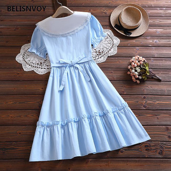 Рокля Дамска дантела с яка Питър Пан Preppy Style Puff Sleeve College Retro Lovely Sweet Girls Holiday Soft Design Sundress Ins