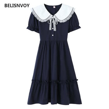 Рокля Дамска дантела с яка Питър Пан Preppy Style Puff Sleeve College Retro Lovely Sweet Girls Holiday Soft Design Sundress Ins