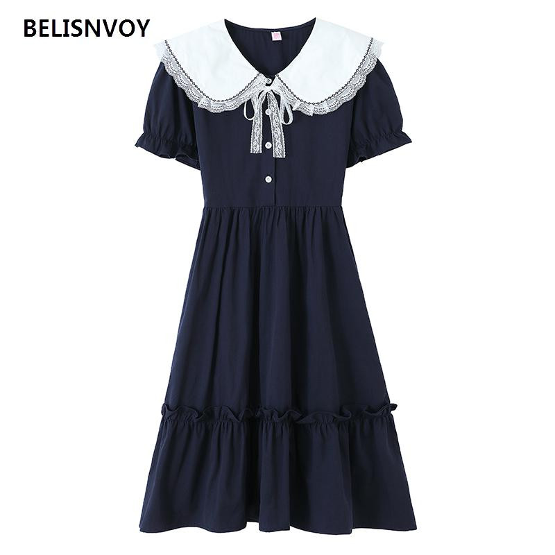 Kleita Sieviešu Mežģīnes Pīters Pens Apkakle Preppy Style Puff Sleeve College Retro Jauki saldie Meitenes Svētki Mīksts Dizains Sundress Ins