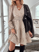 Ženska modna ležerna haljina s naboranim ovratnikom i naboranim porubom cijelog tijela s V-izrezom i naborima na struku, haljina dugih rukava