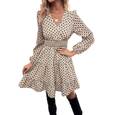 Ženska modna ležerna haljina s naboranim ovratnikom i naboranim porubom cijelog tijela s V-izrezom i naborima na struku, haljina dugih rukava