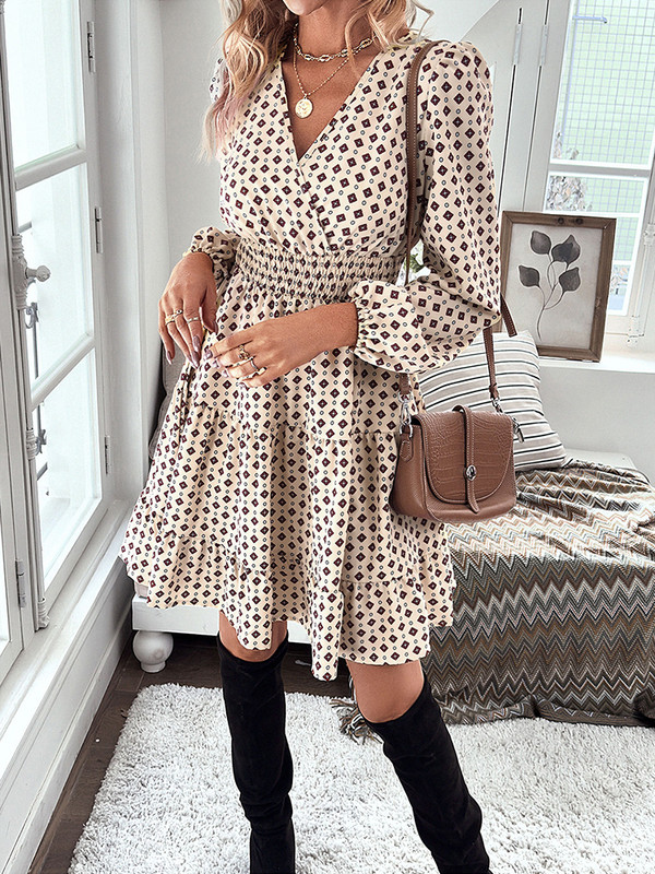 Ženska modna ležerna haljina s naboranim ovratnikom i naboranim porubom cijelog tijela s V-izrezom i naborima na struku, haljina dugih rukava