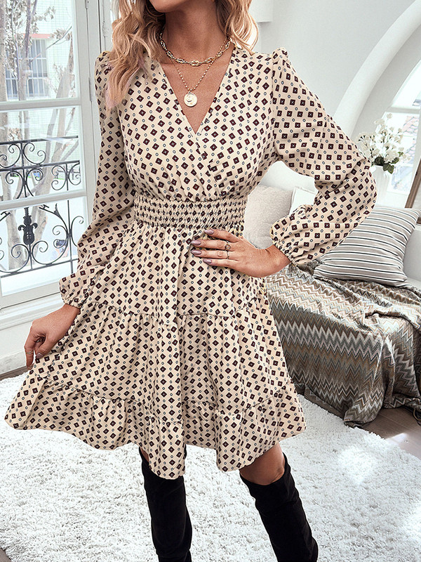 Ženska modna ležerna haljina s naboranim ovratnikom i naboranim porubom cijelog tijela s V-izrezom i naborima na struku, haljina dugih rukava