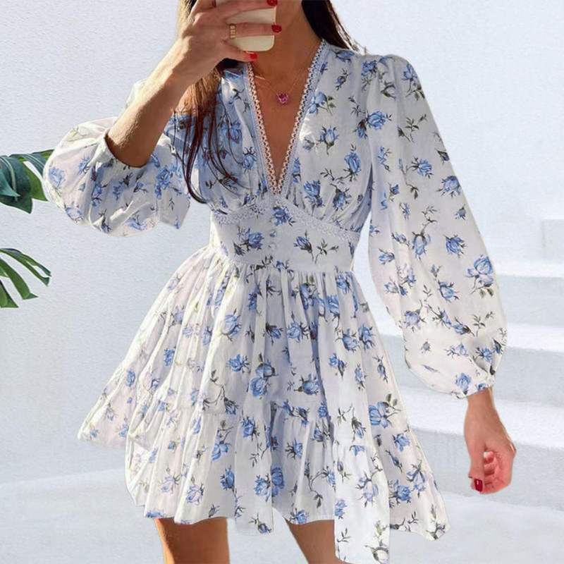 Sieviešu kleita ar V veida kakla izgriezumu, tieva vidukļa kleita Eleganta mežģīņu A-līnijas kleita ar laternas piedurknēm ar ziedu apdruku vasaras ballīšu brīvdienām