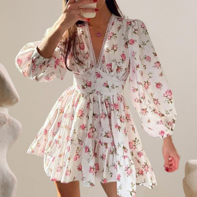 Sieviešu kleita ar V veida kakla izgriezumu, tieva vidukļa kleita Eleganta mežģīņu A-līnijas kleita ar laternas piedurknēm ar ziedu apdruku vasaras ballīšu brīvdienām