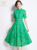 H Han Queen 2024 tavaszi új, elegáns party ruhák 2024 virágos horgolt, vájt csipke Vestido patchwork alkalmi irodai Midi ruha