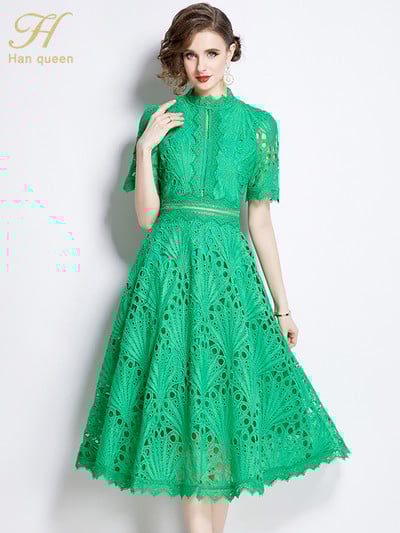 H Han Queen 2024 tavaszi új, elegáns party ruhák 2024 virágos horgolt, vájt csipke Vestido patchwork alkalmi irodai Midi ruha